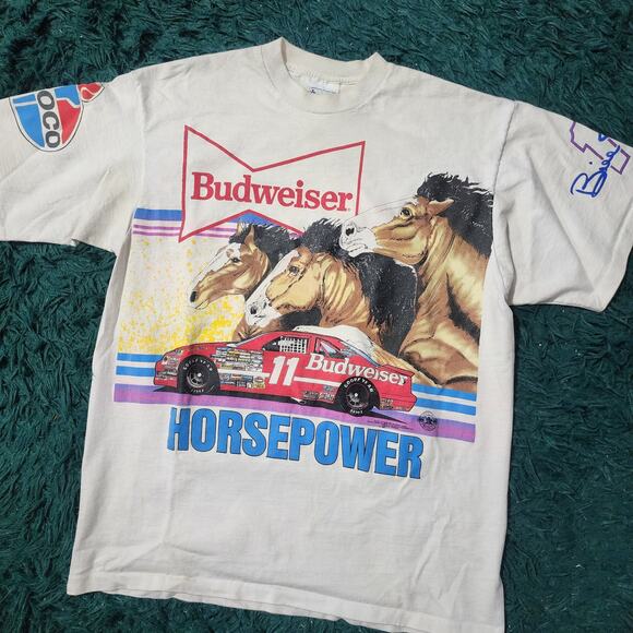 Vintage 1992 Bill Elliott Budweiser NASCAR Tee “Horsepower” XL USA Made 23x30 - Picture 1 of 10